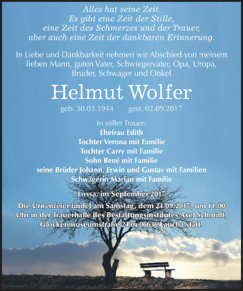Traueranzeige von Helmut Wolfer von Mitteldeutsche Zeitung Naumburg/Nebra