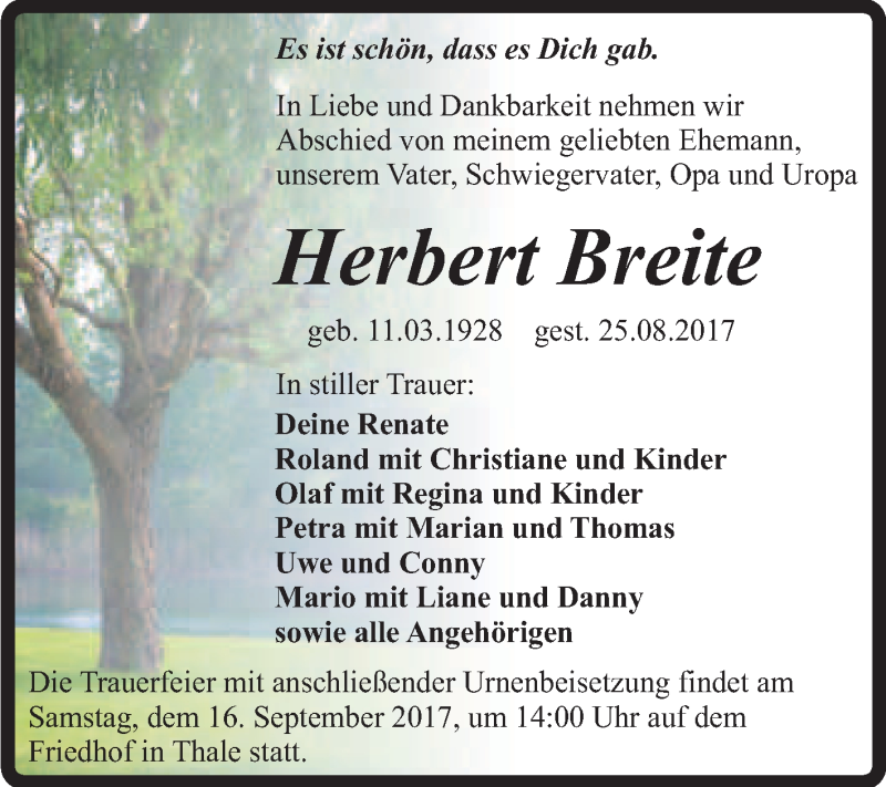  Traueranzeige für Herbert Breite vom 02.09.2017 aus Super Sonntag Quedlinburg