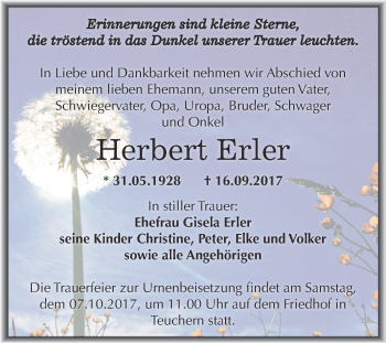 Traueranzeige von Herbert Erler von WVG - Wochenspiegel NMB / WSF / ZTZ