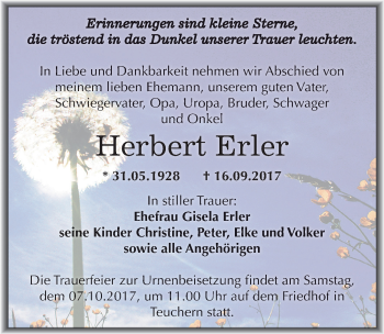 Traueranzeige von Herbert Erler von Mitteldeutsche Zeitung Weißenfels