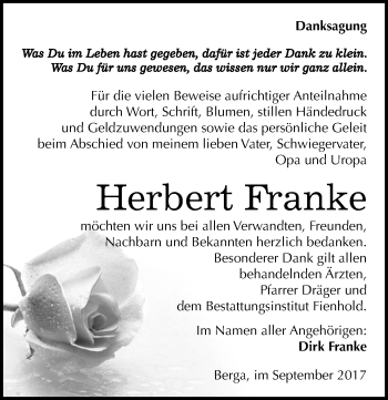 Traueranzeige von Herbert Franke von Mitteldeutsche Zeitung Sangerhausen