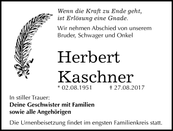 Traueranzeige von Herbert Kaschner von Mitteldeutsche Zeitung Bitterfeld