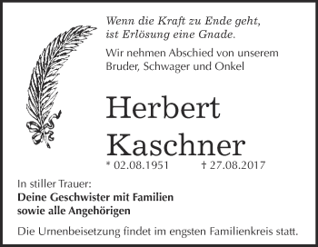 Traueranzeige von Herbert Kaschner von WVG - Wochenspiegel Bitterfeld
