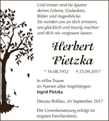 Traueranzeige von Herbert Pietzka von WVG - Wochenspiegel Dessau / Köthen