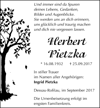 Traueranzeige von Herbert Pietzka von Mitteldeutsche Zeitung Dessau-Roßlau