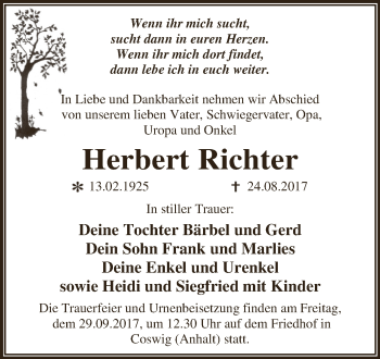Traueranzeige von Herbert Richter von WVG - Wochenspiegel Dessau / Köthen