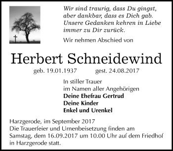 Traueranzeige von Herbert Schneidewind von Mitteldeutsche Zeitung Quedlinburg