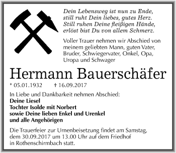 Traueranzeige von Hermann Bauerschäfer von Mitteldeutsche Zeitung Mansfelder Land