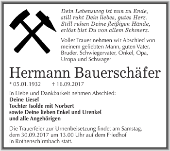 Traueranzeige von Hermann Bauerschäfer von Wochenspiegel Mansfelder Land
