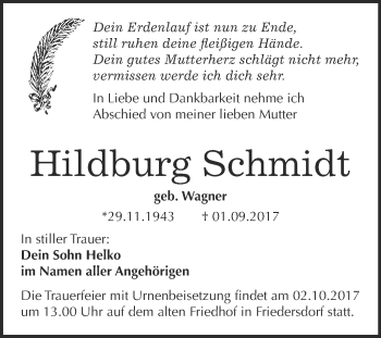Traueranzeige von Hildburg Schmidt von WVG - Wochenspiegel Bitterfeld