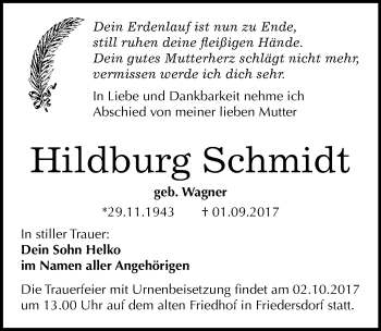 Traueranzeige von Hildburg Schmidt von Mitteldeutsche Zeitung Bitterfeld