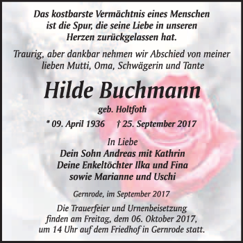 Traueranzeige von Hilde Buchmann von WVG - Wochenspiegel Quedlinburg