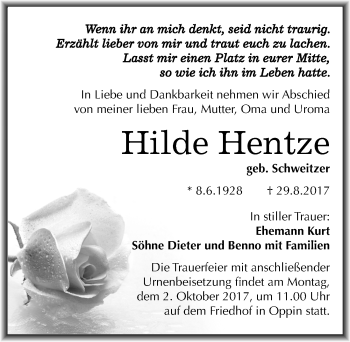 Traueranzeige von Hilde Hentze von Mitteldeutsche Zeitung Halle/Saalkreis