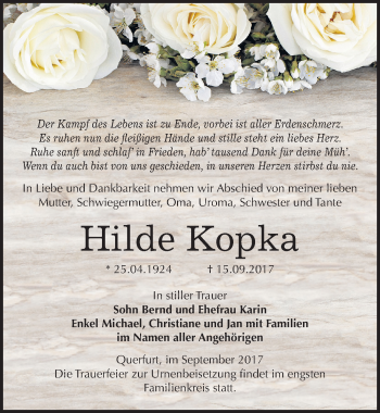 Traueranzeige von Hilde Kopka von Mitteldeutsche Zeitung Merseburg/Querfurt