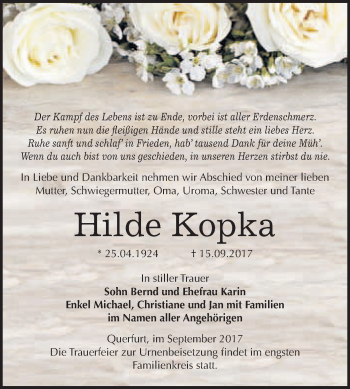 Traueranzeige von Hilde Kopka von WVG - Wochenspiegel Merseburg
