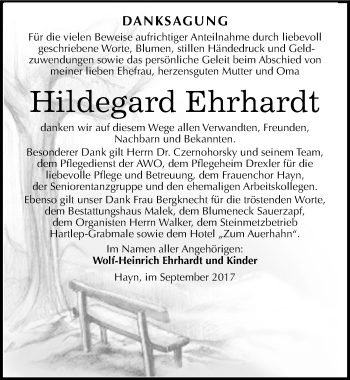 Traueranzeige von Hildegard Ehrhardt von Mitteldeutsche Zeitung Sangerhausen