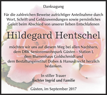 Traueranzeige von Hildegard Hentschel von Super Sonntag Bernburg