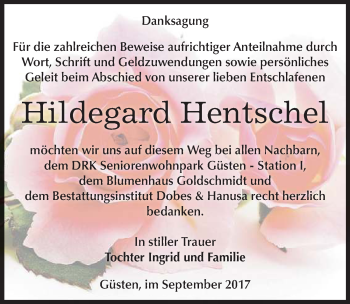 Traueranzeige von Hildegard Hentschel von Mitteldeutsche Zeitung Bernburg