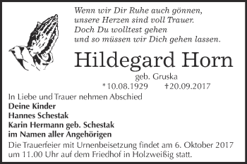 Traueranzeige von Hildegard Horn von WVG - Wochenspiegel Bitterfeld