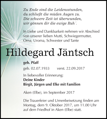 Traueranzeige von Hildegard Jäntsch von WVG - Wochenspiegel Dessau / Köthen