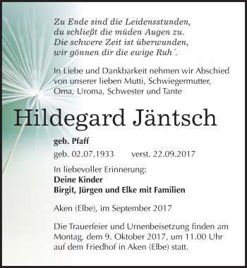 Traueranzeige von Hildegard Jäntsch von Mitteldeutsche Zeitung Köthen