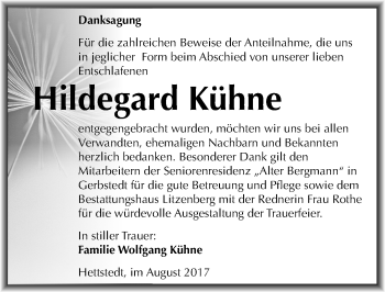 Traueranzeige von Hildegard Kühne von Mitteldeutsche Zeitung Mansfelder Land