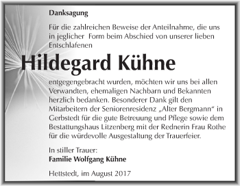 Traueranzeige von Hildegard Kühne von Wochenspiegel Mansfelder Land