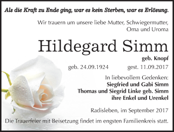 Traueranzeige von Hildegard Simm von Mitteldeutsche Zeitung Quedlinburg