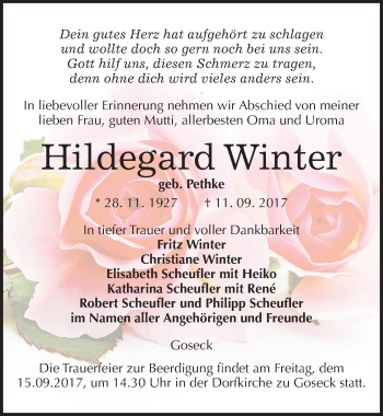 Traueranzeige von Hildegard Winter von Mitteldeutsche Zeitung Weißenfels