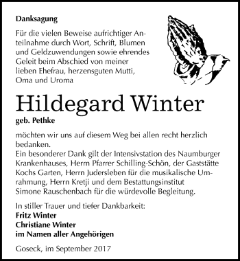 Traueranzeige von Hildegard Winter von Mitteldeutsche Zeitung Weißenfels