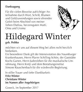 Traueranzeige von Hildegard Winter von WVG - Wochenspiegel NMB / WSF / ZTZ