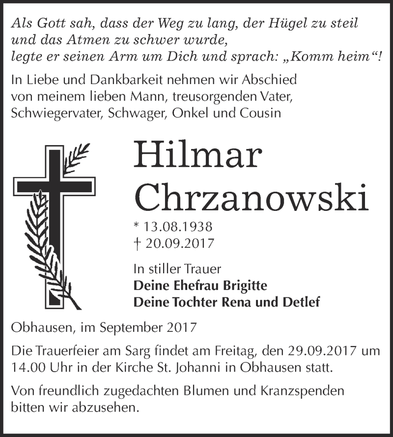  Traueranzeige für Hilmar Chrzanowski vom 23.09.2017 aus WVG - Wochenspiegel Merseburg