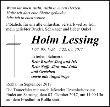 Traueranzeige von Holm Lessing von Mitteldeutsche Zeitung Sangerhausen