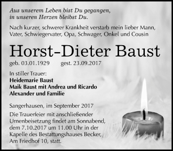 Traueranzeige von Horst-Dieter Baust von Mitteldeutsche Zeitung Sangerhausen