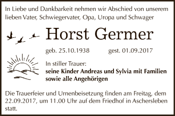 Traueranzeige von Horst Germer von Super Sonntag Aschersleben