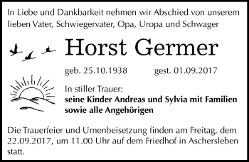 Traueranzeige von Horst Germer von Mitteldeutsche Zeitung Aschersleben