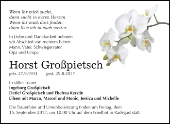 Traueranzeige von Horst Großpietsch von WVG - Wochenspiegel Dessau / Köthen