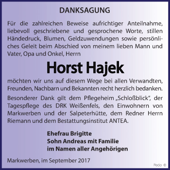 Traueranzeige von Horst Hajek von WVG - Wochenspiegel NMB / WSF / ZTZ