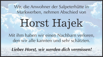 Traueranzeige von Horst Hajek von WVG - Wochenspiegel NMB / WSF / ZTZ
