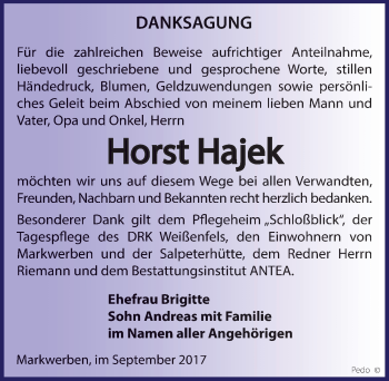 Traueranzeige von Horst Hajek von Mitteldeutsche Zeitung Weißenfels
