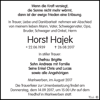 Traueranzeige von Horst Hajek von WVG - Wochenspiegel NMB / WSF / ZTZ