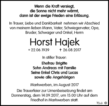 Traueranzeige von Horst Hajek von Mitteldeutsche Zeitung Weißenfels