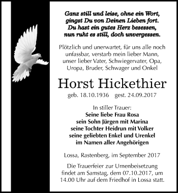 Traueranzeige von Horst Hickethier von Mitteldeutsche Zeitung Naumburg/Nebra