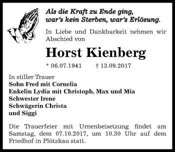 Traueranzeige von Horst Kienberg von Mitteldeutsche Zeitung Bernburg