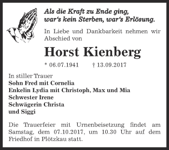 Traueranzeige von Horst Kienberg von Super Sonntag Bernburg