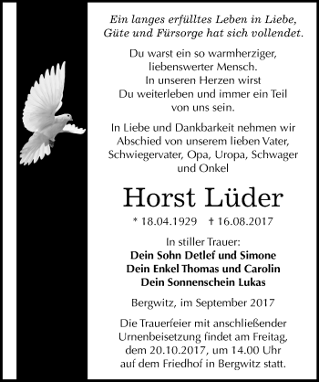 Traueranzeige von Horst Lüder von Mitteldeutsche Zeitung Wittenberg