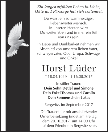 Traueranzeige von Horst Lüder von WVG - Wochenspiegel Bitterfeld
