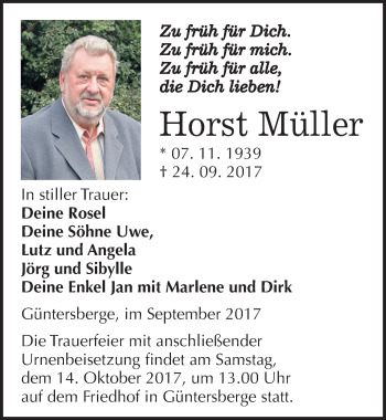 Traueranzeige von Horst Müller von Mitteldeutsche Zeitung Quedlinburg