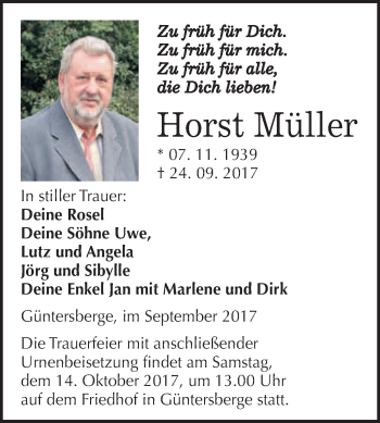 Traueranzeige von Horst Müller von WVG - Wochenspiegel Quedlinburg