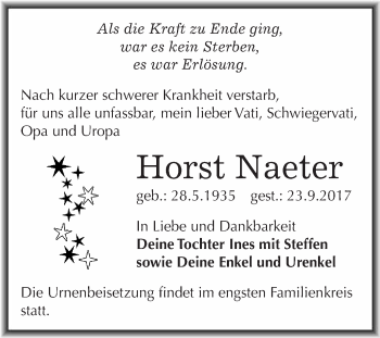 Traueranzeige von Horst Naeter von WVG - Wochenspiegel Merseburg